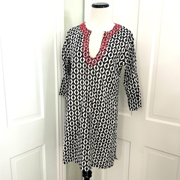 NEW! ECHO Geometric Swimsuit Coverup BLACK  Beaded V-neck dress SMALL cover-up - Picture 1 of 5